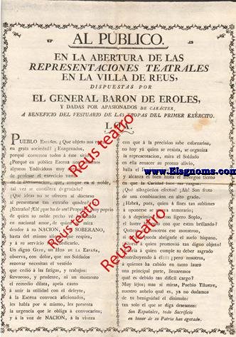 Al pblico: En la abertura de las Representaciones Teatrales en la Villa de Reus,dispuestas por el General baron de Eroles,y dadas por apasionados de carcter,a beneficio del vestuario de las tropas del Primer Exrcito. Loa.