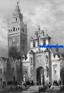 Album Pittoresque de l'Espagne (Tour de la Giralda - Porte du Pardon). Vues, monuments, types. Dessins et gravs sur acier par les plus habiles artistes. 