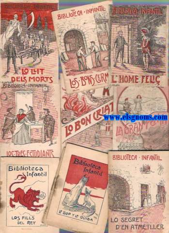 Biblioteca Infantil. Conjunt de 25 contes reprodunt rondalles signats per Sebasti Farns, J. Riera y Bertrn, Mara de Bell-lloch i Franar  d'aquesta col.lecci (Los tres estudiants; L'estudiant - ruch; L'escol lleminer; Los tres consells del Rey Salom; Lo bon criat; Lo fill de la fada; La gran penya; Lo llit dels morts; Los bons germans; Lo castell del amor; L'endevinayre; Mad Marca [Rondalla popular]; L'home feli; La bota de St.Farriol; La mort presonera; Boigs fan bitlles; Los fills del Rey; L'home de la vaca; Lo llop y la guilla; A les portes del cel; La sort del pastor; Los bons amichs; Lo segret d'En Ametller; Lo pollastre; Cam del mol).