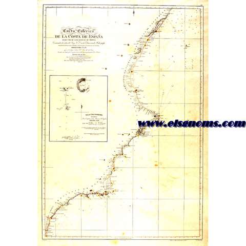 Carta esfrica de la costa de Espaa desde el Cabo de Gata hasta el de Oropesa. Construida por Orden del Reun N.S....Incluye un recuadro para las Islas Columbretes.