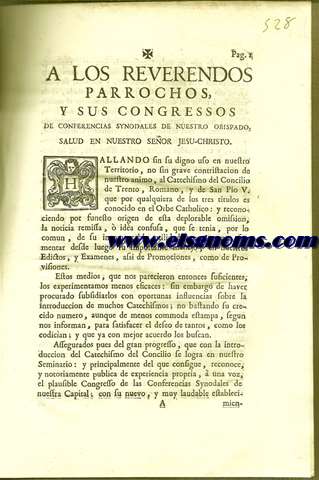 A los reverendos parrochos,y sus Congressos de Conferencias Synodales de nuestro Obispado,Salud en nuestro seor Jesu Christo..