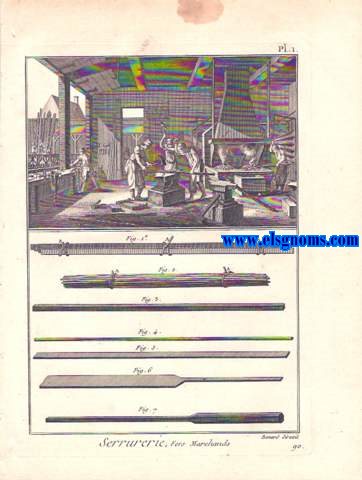 Encyclopdie methodique.De esta obra ofrecemos la coleccin completa de35 lminas (1 doble) grabadas al cobre correspondientes a Serrerurie, Fers Marchands (Aplicacin a la construccin, cerrajera, trabajos de talles, ballestas, hierros artsticos, maquinaria, etc).