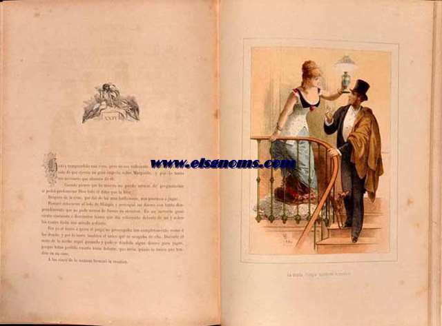 La Dama de las Camelias.Ilustrada con preciossimos cromos por D.Eusebio Planas y magnficas vietas intercaladas en el texto dibujadas por Apeles Mestres,grabadas por Francisco Fust.