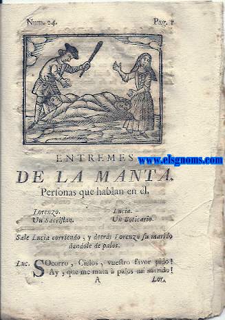 Eentrems de la manta. Personas que hablan en l: Lorenzo, Un Sacristan, Lucia, Un Boticario.