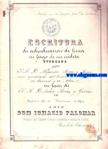 Escritura de adjudicacin de finca en pago de un crdito otorgada por el Sr.D. Alejandro Prota y Boasi como apoderado del Exmo.Sr.Duque de Berwick y de Alba, en favor de el Sr.D. Juan Arias y Girn en Madrid, 30 de Junio de 1874, de una finca en trmino del Carpio Partido Judicial de Montero, Provincia de Crdoba. Una acea y casa para los molineros sita en la orilla izquierda del Guadalquivir corriente arriba, contiene la presa desde la bveda al tragante viejo seiscientos diez y ocho metros cuadrados...