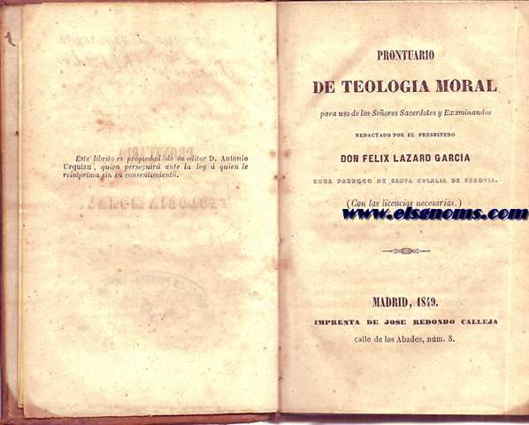 Prontuario de Teologa Moral para uso de los seores Sacerdotes y Examinandos.