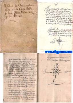 Llibre Authentich de Obits de la Casa de Pujadas,Oller,Vilarrasa,y tambe alguns de altres particularsfahnts  ditas Casas.Dipositat per lo Regiment y govern de dita Casa: Lo Yndice cortresponent a aquest llibre. Fet  2 de Maig de 1803. (Registra 36 certificats de defunci des de 1658 fins l'any 1803. Amb 10 fulls d'Index. Els Certificats de defunci son originals i enterament manuscrits de l'poca y relligat junts amb lndex.