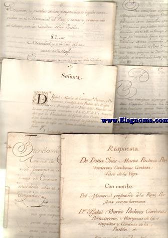 Marquesa de las Sirgalas. Coleccin de 33 documentos con 612 pginas enteramente manuscritas en tamao folio, referentes a la Marquesa de las Sirgalas, Condesa de la Puebla del Maestre, referidos a varias causas relacionadas con la fundacin del Mayorazgo (posteriormente constitdo en condado) por Don Pedro de Portocarrero y D Juana de Crdenas en la Puebla del Maestre y de las posteriores incorporaciones de la Dehesa de la Torre del Fresno, Villa de Lobn,etc, as la obligacin de casar las mujeres antes de los 20 aos, y con varn de la familia. Los documentos  provienen de D Ins M Pacheco, hermana de la marquesa, Antonio de Crdenas Barradas y Puertocarrero, Conde de Montijo, Duque de Uceda, Marqus de Cortes de Graena, fiscales, abogados, etc. en el periodo comprendido entre 1755 y 1760. Excepcional conjunto de un valor incalculable, tanto para la historia de La Puebla del Maestre, como para las familias Crdenas, Pacheco, Portocarrero, Fernndez de Crdoba, etc.