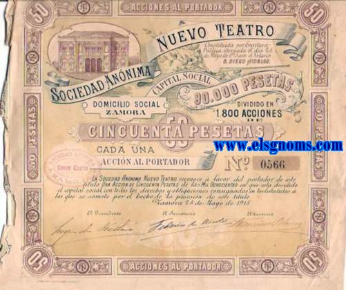 Sociedad Annima Nuevo Teatro. Acciones al portador. Bonita accin impresa en sepia, amarillo y azul con un dibujo de la fachada del teatro.
