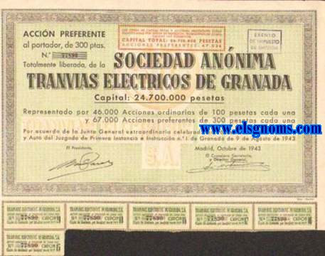 Sociedad Annima Tranvas Elctricos de Granada. Capital: 24.700.000 pesetas. 67.000 acciones preferentes de 300 pesetas cada una.