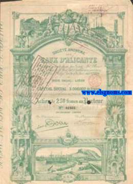 Societ Annime des Eaux d'Alicante. Bella accin impresa en verde con vistas del puerto de la ciudad,de esta sociedad constituda en Lieja,1898.