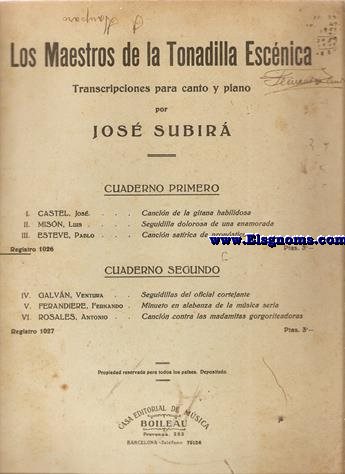 Los maestros de la tonadilla escnica. Transcripciones para canto y piano. Cuaderno primero (Cancin de la gitana habilidosa, Seguidilla dolorosa de una enamorada y Cancin satrica de pronsticos).