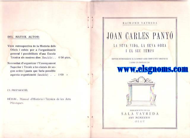 Joan Carles Pany. La seva vida, la seva obra i el seu temps. Estudi monogrfic il.lustrat amb vint - i - nou gravats i amb un prleg de Cesar Martinell.
