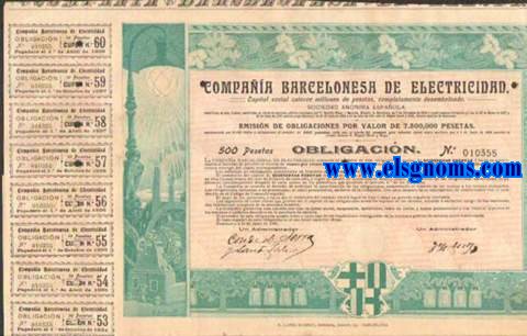 Compaa Barcelonesa de Electricidad. Capital Social catorce millones de pesetas, completamente desembolsado. Sociedad Annima Espaola. Domiciliada  en esta Ciudad en virtud de escritura pblica autorizada por D.Ignacio Plana y Escubs, Notario de Barcelona, en 7 de Diciembre de 1894 y sucesivamente reformada por las de 29 de Marzo de 1897 y 21 de Julio de 1900, etc. Barcelona a 10 mde Junio de 1908.