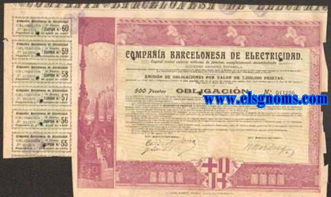 Compaa Barcelonesa de Electricidad. Capital Social catorce millones de pesetas, completamente desembolsado. Sociedad Annima Espaola. Domiciliada en esta Ciudad en virtud de escritura pblica autorizada por D.Ignacio Plana y Escubs, Notario de Barcelona, en 7 de Diciembre de 1894 y sucesivamente reformada por las de 29 de Marzo de 1897 y 21 de Julio de 1900, etc. Barcelona, 1 de Agosto de 1907.