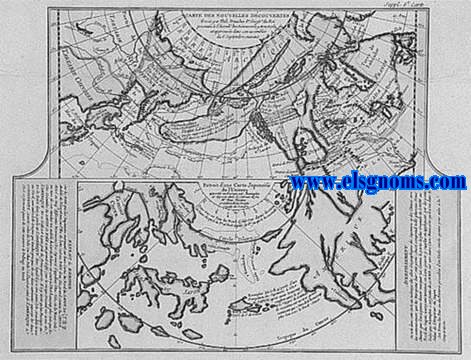 Carte des Nouvelles Dcouvertes dresse par Phil. Buache Pr. Gogr? du Roi prsente  l'Acad? des Sciences le 9 Aout 1752 et approuve dans son assemble du 6 Septembre suivant. Suppl. 6e. Carte.