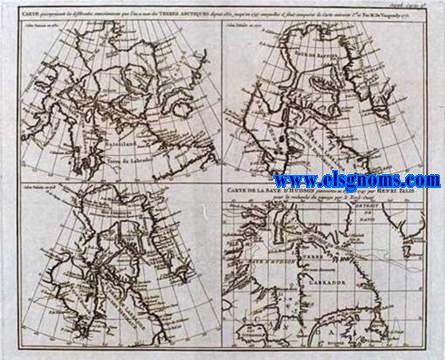 Carte qui represente les differentes connoissances que l' on a eues des Terres Arctiques depuis 1650 jusqu'en 1747 ausquelles il faut comparer la Carte suivante Ce. 10, Contiene 4 partes: Selon Sanson en 1650. Selon Delisle en 1700 Selon Delisle en 1703. Carte de la Baye d' Hudson parcourue en 1746 et 1747 par Henr Ellis pour la recherche du passage par le Nord - Ouest.