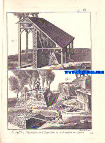 Encyclopdie methodique.De esta obra ofrecemos la coleccin completa de 3 lminas grabadas al cobre correspondientes a Soufre, l'Opration de le Travailler et de le mettre en Canons.
