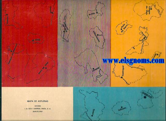 Ejercicios de Geografa (Patentado) Mapa de Asturias. Estos ejercicios son de un valor pedaggico y de una amenidad tales que han merecido calurosos  y espontneos de cuantos profesores los han ensayado. Resuelven el difcil problema de ensear deleitando, consiguiendo adems el fin educativo de un trabajo manual. Dando agilidad a las manos, facilitan el ejercicio de la memoria y despiertan en el alumno el inters artstico por medio de la armona de los colores. Instrucciones: El mapa va diseado sobre cartulina. En una hoja de papel de diversos colores, constan los nombres de las diferentes regiones geogrficas. Recrtense los trozos cuidadosamente y pguense en el lugar correspondiente sobre la cartulina, para lo cual bastar humedecer el reverso del papel, que se manda ya engomado. El efecto que produce el trabajo ya terminadoes el de un hermoso esmalte.