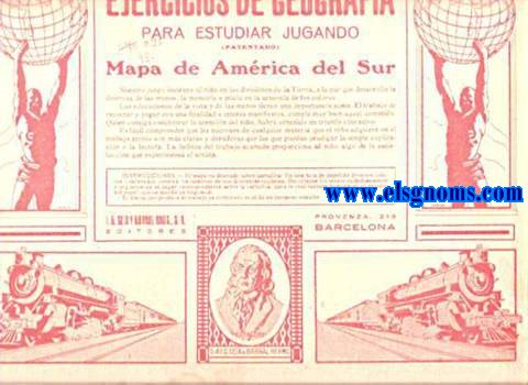 Ejercicios de Geografa. Para estudiar jugando (Patentado). Mapa de Amrica del Sur. Nuestro juego instruye  al nio en las divisiones de la tietrra, a la par que desarrolla la destreza de las manos, la memoria e inicia en la armona de los colores. Las educaciones de la vista y de las manos tienen una importancia suma. El trabajo de recortar y pegar con una finalidad e inters manifiestos, cumple muy bien aquel cometdo. Quien consiga concentrar la atencin del nio, habr obtenido un triunfo educativo. Es fcil comprender que las nociones de cualquier materia que el nio adquiere en el trabajo atento son mas claras y duraderas que las que puedan prodigar la simple explicacin o la lectura. La belleza del trabajo acabado proporciona al nio algo de la satisfaccin que experimenta el artista.            Instrucciones: El mapa va diseado sobre cartulina. En una hoja de papel de diversos colores, constan los nombres de las diferentes regiones geogrficas. Recrtense los trozos cuidadosamente y pguense en el lugar correspondiente sobre la cartulina, para lo cual bastar humedecer el reverso del papel, que se manda ya engomado. El efecto que produce el trabajo ya terminadoes el de un hermoso esmalte.