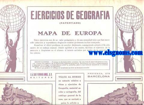 Ejercicios de Geografa.(Patentado).Mapa de Europa.Estos ejercicios son de un valor pedaggico y de una amenidad tales que han merecido calurosos y esponneos elogios de cuantos profesores los han ensayado.Resuelven el difcil problema de ensear deleitando,consiguiendo adems el fin educativo de un trabajo manual.Dando agilidad a las manos,facilitan el ejercicio de la memoria y despiertan en el alumno el inters artstico por medio de la armona de los colores.Instrucciones.-El mapa va diseado sobre cartulina.En una hoja de papel de diversos colores,constan los nombres de las diferentes regiones geogrficas.Recrtense los trozos cuidadosamente y pguense en el lugar correspondiente sobre la cartulina,para lo cual bastar humedecer el reverso del papel,que se manda ya engomado.El efecto que produce el trabajo ya terminado es el de un hermoso esmalte.