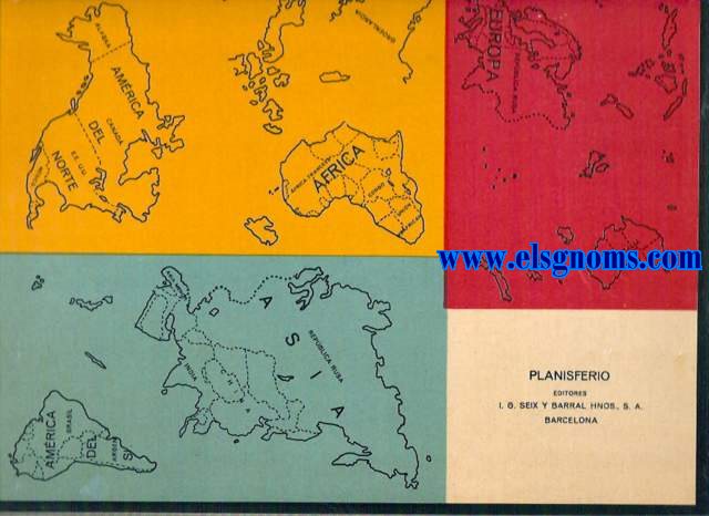 Ejercicios de Geografa.(Patentado).Planisferio.Estos ejercicios son de un valor pedaggico y de una amenidad tales que han merecido calurosos y esponneos elogios de cuantos profesores los han ensayado.Resuelven el difcil problema de ensear deleitando,consiguiendo adems el fin educativo de un trabajo manual.Dando agilidad a las manos,facilitan el ejercicio de la memoria y despiertan en el alumno el inters artstico por medio de la armona de los colores.Instrucciones.-El mapa va diseado sobre cartulina.En una hoja de papel de diversos colores,constan los nombres de las diferentes regiones geogrficas.Recrtense los trozos cuidadosamente y pguense en el lugar correspondiente sobre la cartulina,para lo cual bastar humedecer el reverso del papel,que se manda ya engomado.El efecto que produce el trabajo ya terminado es el de un hermoso esmalte.