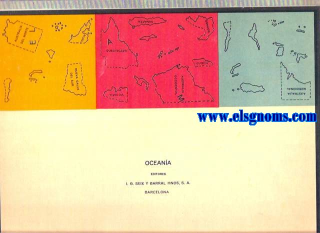 Ejercicios de Geografa (Patentado). Mapa de Oceana. Estos ejercicios son de un valor pedaggico y de una amenidad tales que han merecido calurosos y esponneos elogios de cuantos profesores los han ensayado. Resuelven el difcil problema de ensear deleitando, consiguiendo adems el fin educativo de un trabajo manual. Dando agilidad a las manos,f acilitan el ejercicio de la memoria y despiertan en el alumno el inters artstico por medio de la armona de los colores.Instrucciones.- El mapa va diseado sobre cartulina.En una hoja de papel de diversos colores,constan los nombres de las diferentes regiones geogrficas.Recrtense los trozos cuidadosamente y pguense en el lugar correspondiente sobre la cartulina,para lo cual bastar humedecer el reverso del papel,que se manda ya engomado.El efecto que produce el trabajo ya terminado es el de un hermoso esmalte.