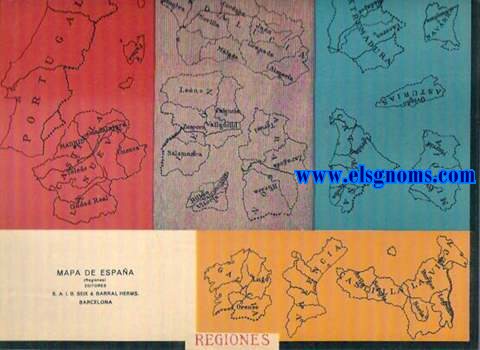 Ejercicios de Geografa (Patentado) Mapa de Espaa (Regiones) Estos ejercicios son de un valor pedaggico y de una amenidad tales que han merecido calurosos y esponneos elogios de cuantos profesores los han ensayado. Resuelven el difcil problema de ensear deleitando, consiguiendo adems el fin educativo de un trabajo manual. Dando agilidad a las manos, facilitan el ejercicio de la memoria y despiertan en el alumno el inters artstico por medio de la armona de los colores. Instrucciones.- El mapa va diseado sobre cartulina.En una hoja de papel de diversos colores, constan los nombres de las diferentes regiones geogrficas. Recrtense los trozos cuidadosamente y pguense en el lugar correspondiente sobre la cartulina, para lo cual bastar humedecer el reverso del papel, que se manda ya engomado. El efecto que produce el trabajo ya terminado es el de un hermoso esmalte.