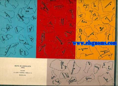 Ejercicios de Geografa.(Patentado).Mapa de Andaluca (Este) Estos ejercicios son de un valor pedaggico y de una amenidad tales que han merecido calurosos y esponneos elogios de cuantos profesores los han ensayado. Resuelven el difcil problema de ensear deleitando, consiguiendo adems el fin educativo de un trabajo manual. Dando agilidad a las manos, facilitan el ejercicio de la memoria y despiertan en el alumno el inters artstico por medio de la armona de los colores.Instrucciones.- El mapa va diseado sobre cartulina. En una hoja de papel de diversos colores, constan los nombres de las diferentes regiones geogrficas. Recrtense los trozos cuidadosamente y pguense en el lugar correspondiente sobre la cartulina, para lo cual bastar humedecer el reverso del papel, que se manda ya engomado. El efecto que produce el trabajo ya terminado es el de un hermoso esmalte.