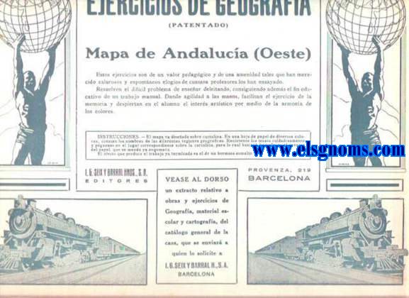 Ejercicios de Geografa.(Patentado).Mapa de Andaluca (Oeste).Estos ejercicios son de un valor pedaggico y de una amenidad tales que han merecido calurosos y esponneos elogios de cuantos profesores los han ensayado.Resuelven el difcil problema de ensear deleitando,consiguiendo adems el fin educativo de un trabajo manual.Dando agilidad a las manos,facilitan el ejercicio de la memoria y despiertan en el alumno el inters artstico por medio de la armona de los colores.Instrucciones.-El mapa va diseado sobre cartulina.En una hoja de papel de diversos colores,constan los nombres de las diferentes regiones geogrficas.Recrtense los trozos cuidadosamente y pguense en el lugar correspondiente sobre la cartulina,para lo cual bastar humedecer el reverso del papel,que se manda ya engomado.El efecto que produce el trabajo ya terminado es el de un hermoso esmalte.