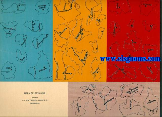 Ejercicios de Geografa (Patentado) Mapa de Catalua. Estos ejercicios son de un valor pedaggico y de una amenidad tales que han merecido calurosos y esponneos elogios de cuantos profesores los han ensayado. Resuelven el difcil problema de ensear deleitando, consiguiendo adems el fin educativo de un trabajo manual. Dando agilidad a las manos, facilitan el ejercicio de la memoria y despiertan en el alumno el inters artstico por medio de la armona de los colores.Instrucciones.- El mapa va diseado sobre cartulina.En una hoja de papel de diversos colores, constan los nombres de las diferentes regiones geogrficas. Recrtense los trozos cuidadosamente y pguense en el lugar correspondiente sobre la cartulina, para lo cual bastar humedecer el reverso del papel, que se manda ya engomado. El efecto que produce el trabajo ya terminado es el de un hermoso esmalte.