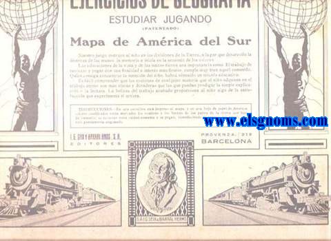 Ejercicios de Geografa. Estudiar jugando (Patentado) Mapa de Amrica del Sur. Nuestro juego instruye al nio en las divisiones de la Tierra, a la par que desarrolla la destreza de las manos, la memoria e inicia en la armona de los colores. Las educaciones de la vista y de las manos tienen una importancia suma. El trabajo de recortar y pegar con una finalidad e inters manifiestos, cumple muy bien aquel cometido. Quin consiga concentrar la atencin del nio, habr obtenido un triunfo educativo. Es fcil comprender que las nociones de cualquier materia que el nio adquiere en el trabajo atento son ms claras y duraderas que las que puedan prodigar la simple explicacin o la lectura. La belleza del trabajo acabado proporciona al nio algo de la satisfaccin que experimenta el artista. Instrucciones.-El mapa va diseado sobre cartulina.En una hoja de papel de diversos colores,constan los nombres de las diferentes regiones geogrficas. Recrtense los trozos cuidadosamente y pguense en el lugar correspondiente sobre la cartulina,para lo cual bastar humedecer el reverso del papel,que se manda ya engomado.El efecto que produce el trabajo ya terminado es el de un hermoso esmalte.