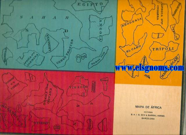 Ejercicios de Geografa. Estudiar jugando (Patentado) Mapa de frica. Nuestro juego instruye al nio en las divisiones de la Tierra, a la par que desarrolla la destreza de las manos, la memoria e inicia en la armona de los colores. Las educaciones de la vista y de las manos tienen una importancia suma. El trabajo de recortar y pegar con una finalidad e inters manifiestos, cumple muy bien aquel cometido. Quin consiga concentrar la atencin del nio, habr obtenido un triunfo educativo. Es fcil comprender que las nociones de cualquier materia que el nio adquiere en el trabajo atento son ms claras y duraderas que las que puedan prodigar la simple explicacin o la lectura. La belleza del trabajo acabado proporciona al nio algo de la satisfaccin que experimenta el artista. Instrucciones.-El mapa va diseado sobre cartulina.En una hoja de papel de diversos colores,constan los nombres de las diferentes regiones geogrficas. Recrtense los trozos cuidadosamente y pguense en el lugar correspondiente sobre la cartulina,para lo cual bastar humedecer el reverso del papel,que se manda ya engomado.El efecto que produce el trabajo ya terminado es el de un hermoso esmalte.
