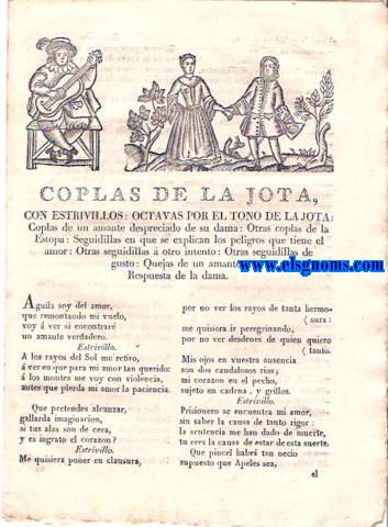 Coplas de la Jota,Con estrivillos: Octavas por el tono de la Jota: Coplas de un amante despreciado de su dama:Otras coplas de la Estopa: Seguidillas en que se explican los peligros que tiene el amor: Otras seguidillas  otro intento: Otras seguidillas de gusto:Quejas de un amante:Respuesta de la dama.