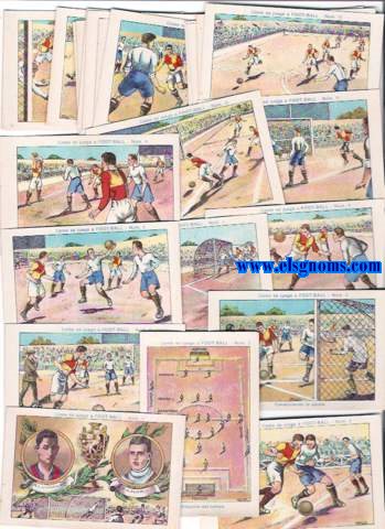 Cromos: Como se juega a Foot - Ball. E. Garcs, Libertad, 46 - Barcelona - Gracia (N1: Alcnatara y Zamora; 2: Distribucin del campo; 3: La carga; 4: Puntapi libre  golpe franco (Free-Kick);  5: Conduciendo la pelota; 6: Tocar la pelota con la mano (Fould); 7: Un saque de rincn (Corner-Kick); 8: La espuela; 9: Salida por las lineas de lado (Out);. 10: Jugador fuera de juego (Off-Side); 11: Infraccin dentro del area de castigo (Penalty); 12: El ataque de la linea delantera; 13: Pasar el baln a un compaero (Combinar); 14: Campanear un contrario (Fould); 15: El centro delantero; 16: El medio defensor; 17: La misin de los medios; 18: La seguridad de los defensores; 19: El portero o guradameta; 20: Ataque al portero; 21: Desviando el baln; 22: Dando el baln con un puo; 23: Carga violenta; 24: La zancadilla; 25: Goal.