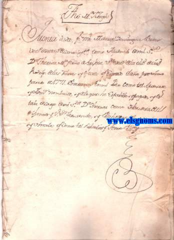 Ihs, M Ioseph. Cuenta dada por mi Manuel Dominguez Bravo vez(in)o de esta villa  de Cantalapiedra como apoderado de mi S(eor)a D Theresa M  Fern(ande)z de Grijota v(iu)da vez(in)a  de la c(i)u(da)d de C(i)u(da)d Rodrigo de las ventas y ejecutos que enviado el ao proximo pasado de 1771. enviaron en mi poder como tal Apoderado, y Adm(inistrad)or nombrado, y de lo que he espedido y pagado y estaba a cargo a mo Sra. D Theresa como tenedora de su primo el Sr.Don Fernando, y Pacheco a los Mayorazgos y vinculos es como tal subzedio y tomo...(Firma)