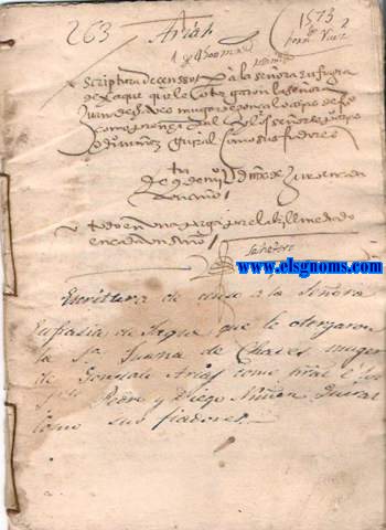 263. Arias. Scriputara de censsus  la seora Eufrasia de Xaque (Jaque) que le otorgaron la seora Juana de Saves (Chaves) muger de Gonzalo Arias como pr(incip)al  los S(eor)es Pedro y Diego Nuez Guiral como sus fiadores.