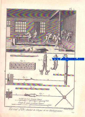 Encyclopdie Methodique.De esta obra ofrecemos la coleccin completa de 6 lminas (2 dobles) grabadas al cobre ( 1 doble) correspondientes al oficio de Tireur d'Or et Fileur d'Or.