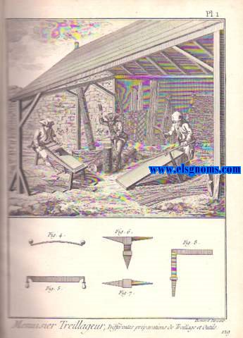 Encyclopdie Methodique.De esta obra ofrecemos la coleccin completa de 4 lminas grabadas al cobre ( 2 doble) correspondientes al oficio de Menuisier Treillageur.