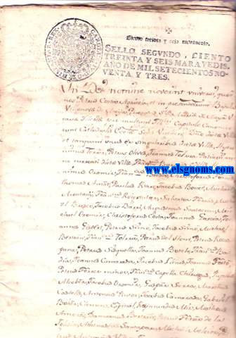 Creacio de Censal de preu 435 ll(iures) firmada per la Universitat y Singulars Personas de la Villa de Vilanova de Meya. A favor dels tudors, y curadors de la Povilla Archangela Moixet filla y hereva Universal de Fran(cis)co Moixet pages de dita Vila. En poder de Joseph Serradell Not(ari) pub(lich) de Vilanova de Mey als 11 de Abril 1653.
