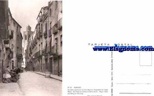 Cervera. Un tpico aspecto de la calle Mayor y campanario de Santa Mara.