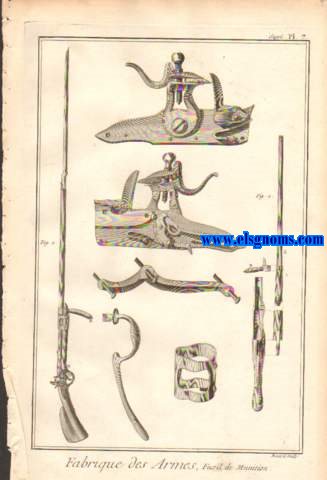 Recueil de planches,sur les sciences,les arts liberaux et les arts mchaniques, avec leur explication. Art Militaire.F abrique des Armes, Fusil de Munition. Contenant sept planches.