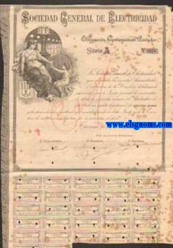 Sociedad General de Electricidad. Obligacin hipotecaria al portador. Serie A. Tarrasa 30 de Junio de 1910.