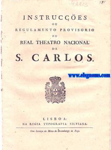 Instruces ou Regulamento do Real Theatro Nacional de S. Carlos. Havendo Sua Real Alteza tomado em consideraa , que a Sociedade do Theatro Nacional da Rua dos Condes , de que he Director Manoel Baptista de Paula , recebendo hum moderado auxilio do Governo , tem sustentado este pblico Espectaculo desde o seu estabelecimento em Dezembro de 1809 , dando constantes prvas do seu Patriotismo , j na escolha de Peas proprias para o promover , j na applicaa do producto das Representaes do primeiro Domingo de cada Mez para a Caixa Militar , e de outra a beneficio do Cofre do Resgate dos Cativos.