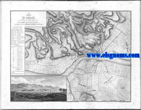 Mmoires du Marchal Suchet, Duc d'Albufera, sur ses Campagnes en Espagne depuis 1808 jusqu'en 1814. Plan de Tortose, Prise le 2 Janvier 1811, par l' Arme Franaise d' Aragon. Aux ordres de S.E. le Marechal Suchet Duc d'Albufra. Vue prise des hauteurs de la Roqueta. Plan Dessin par Georget Adjoint au Corps du Gnie Militaire.  Grav par E. Collin.