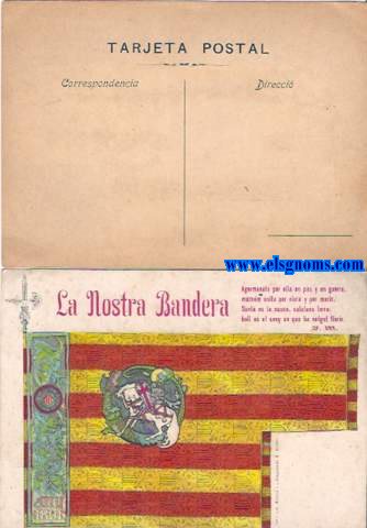La Nostra Bandera. Agermanats per ella en pau y en guerra, marxem units per viure y per morir. Santa es ta causa, catalana terra; bell es el senyen que ha volgut florir. J.M.