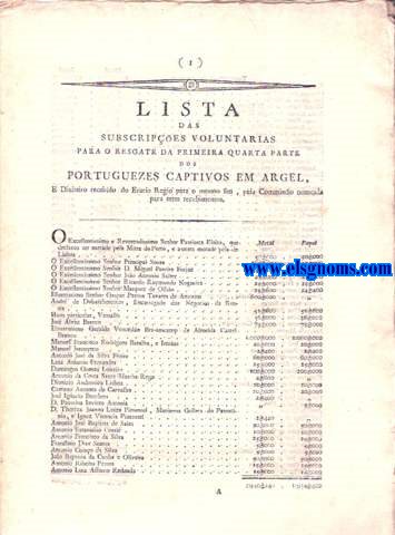 Lista das subscripes voluntarias para o resgate da primeira quarta parte dos portuguezes captivos em Argel, E Dinheiro recebido do Erario Regio para o mesmp fim, pela Commisso nomeada para estes recebimentos.