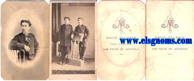 2 fotografas carte de visite en procedimiento de albmina de Magn Polbach - Casa Girons de San Feliu de Guixols, una representando barn de medio cuerpo y otra con 2 varones de cuerpo entero y de pi.