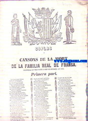 Coplas  Cansons de la mort de la Familia Real de Fransa. Reimpresas en tres parts lo mes de setembre any 1845.