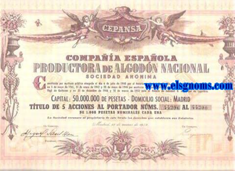 Cepansa. Compaa Espaola Productora de Algodn Nacional Sociedad Annima. Constituda por escritura pblica otorgada el da 6 de julio de 1940... Ttulo de 5 acciones al portador.